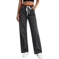 thumbnail image 1 of Risckoth Women's Plus Size Drawstring Elastic Waist Jeans Straight Leg Loose Fit Side Pockets Solid Casual Long Pants S-2XL, 1 of 7