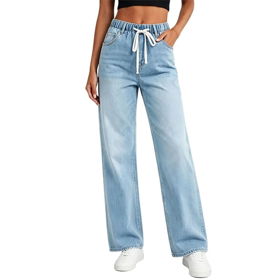Risckoth Women's Plus Size Drawstring Elastic Waist Jeans Straight Leg Loose Fit Side Pockets Solid Casual Long Pants S-2XL