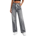 thumbnail image 1 of Risckoth Women's Plus Size Drawstring Elastic Waist Jeans Straight Leg Loose Fit Side Pockets Solid Casual Long Pants S-2XL, 1 of 7