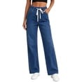 thumbnail image 1 of Risckoth Women's Plus Size Drawstring Elastic Waist Jeans Straight Leg Loose Fit Side Pockets Solid Casual Long Pants S-2XL, 1 of 6