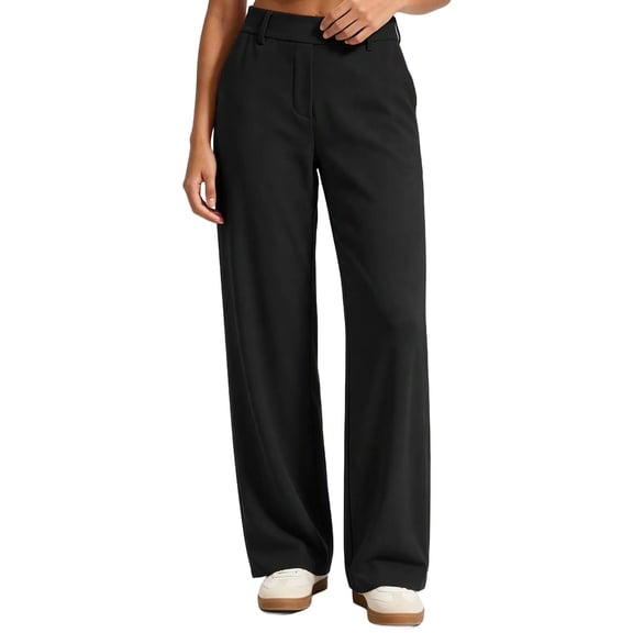 Risckoth Women's Plus Size Dress Pants High Waist Belt Loops Pleated Front Straight Leg Loose Fit Solid Casual Long Pants S-2XL