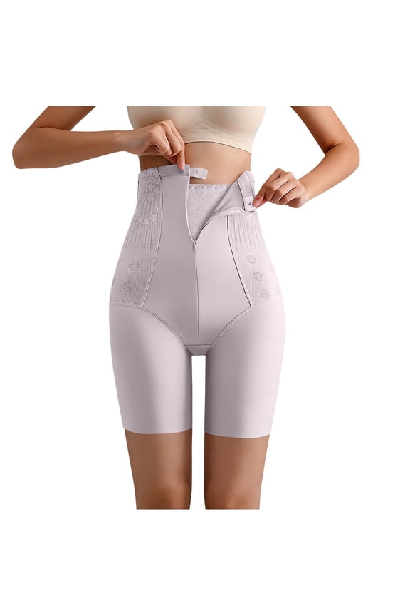 Women's Plus Size High Waist Shaping Boxer Briefs, Jacquard Panel Zip Front Double Layer Control Shapewear Shorts M-5XL