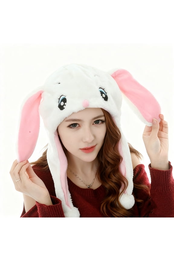 Women's Plush Rabbit Hat Long Floppy Ears Embroidered Face Winter Warm Beanie