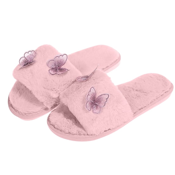 Risckoth Women's Plush Slide Slippers Butterfly Applique Accent Open Toe Cozy House Shoes, Pink