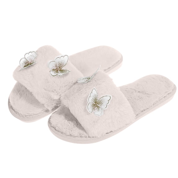 Risckoth Women's Plush Slide Slippers Butterfly Applique Accent Open Toe Cozy House Shoes, White