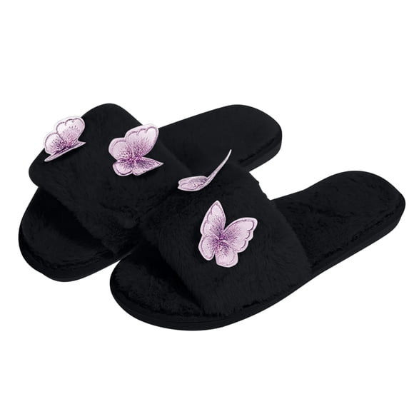 Risckoth Women's Plush Slide Slippers Butterfly Applique Accent Open Toe Cozy House Shoes