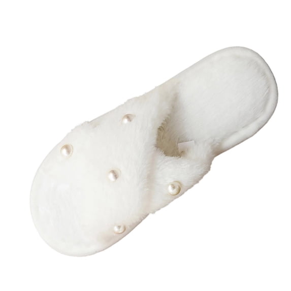 Risckoth Women's Plush Slide Slippers Faux Pearl Accent Twist Strap Open Toe Warm House Shoes, White