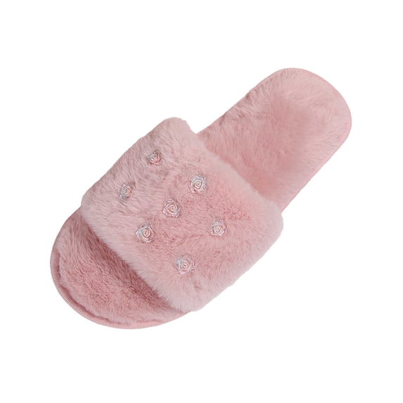 Risckoth Women's Plush Slide Slippers Floral Accent Open Toe Cozy Warm House Shoes, Pink