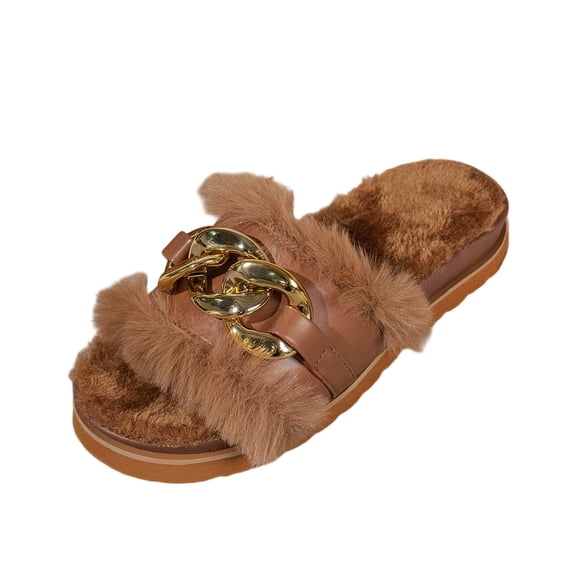 Risckoth Women's Plush Slide Slippers Metal Link Accent Open Toe Cozy Warm House Shoes, Brown