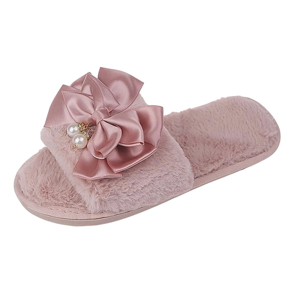 Risckoth Women's Plush Slide Slippers Ribbon Bow Accent Pearl Drop Open Toe Cozy House Shoes, Pink
