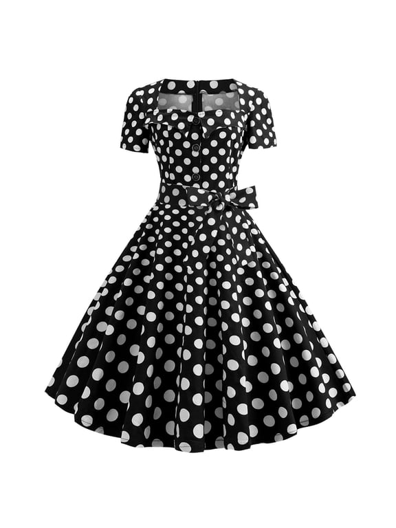 Women's Polka Dot Short Sleeve Square Neck Button Front Bow Waist Vintage Midi Dress S-2XL
