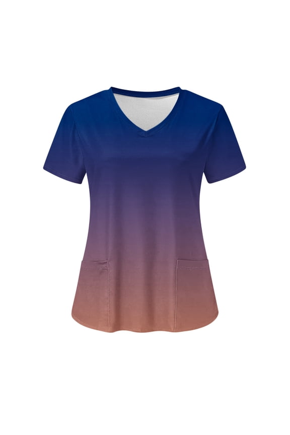 Women's Rainbow Gradient Scrub Top, V-Neck Short Sleeve with Pockets Nursing Uniform S-2XL