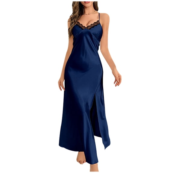 Risckoth Women's Satin Lace Cami Nightgown Spaghetti Strap Sheer Lace Trim Side Slit Long Slip Sleep Dress S-2XL