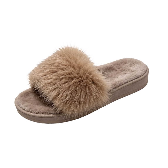 Risckoth Women's Shaggy Faux Fur Slippers Open Toe Cozy Warm House Shoes, Khaki