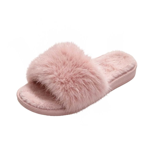 Risckoth Women's Shaggy Faux Fur Slippers Open Toe Cozy Warm House Shoes, Pink