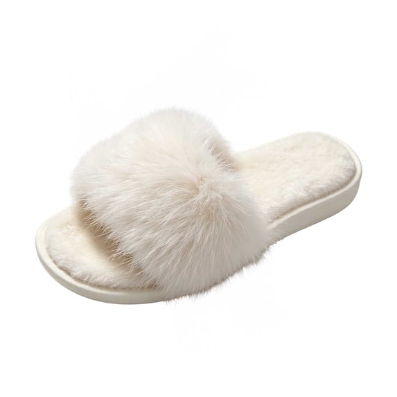 Risckoth Women's Shaggy Faux Fur Slippers Open Toe Cozy Warm House Shoes, White