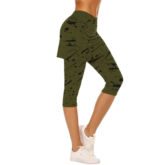 Risckoth Women's Skirted Capri Leggings Abstract Print 2 in 1 Design Yoga Pants S-2XL