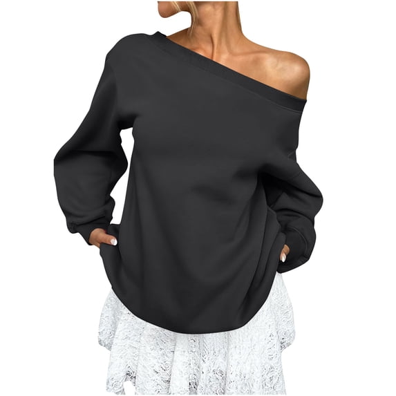 Risckoth Women's Slash Neck Sweatshirt Fleece Lined Drop Shoulder Relaxed Fit Hoodless Pullover S-2XL, Black