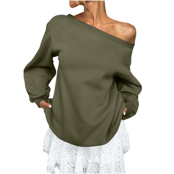 Risckoth Women's Slash Neck Sweatshirt Fleece Lined Drop Shoulder Relaxed Fit Hoodless Pullover S-2XL