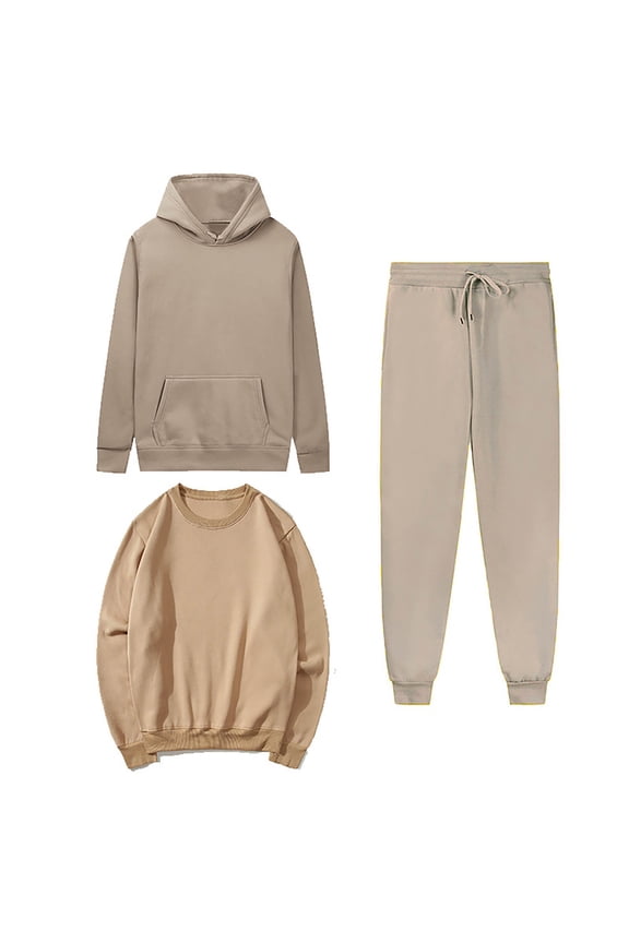 Women's Solid 3-Piece Tracksuit, Pullover Hoodie Crewneck Sweatshirt Cuffed Jogger Pants Matching Outfit S-3XL, Beige