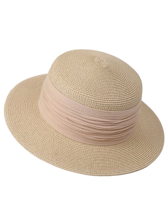 Women's Straw Hat Flat Crown Ruched Band Detail Wide Brim Summer Vacation Cap