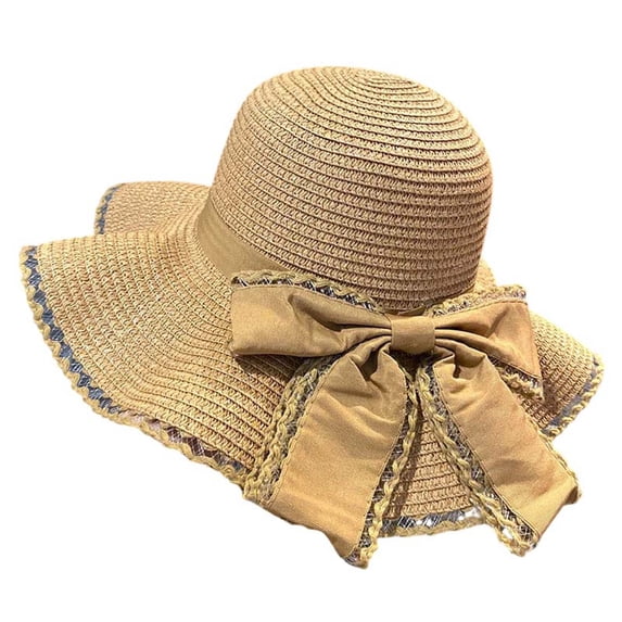 Risckoth Women's Straw Sun Hat Wide Brim Ribbon Bow Detail Lace Trim Summer Beach Cap, Khaki