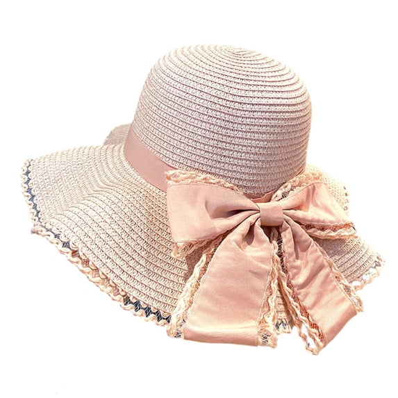 Risckoth Women's Straw Sun Hat Wide Brim Ribbon Bow Detail Lace Trim Summer Beach Cap, Pink