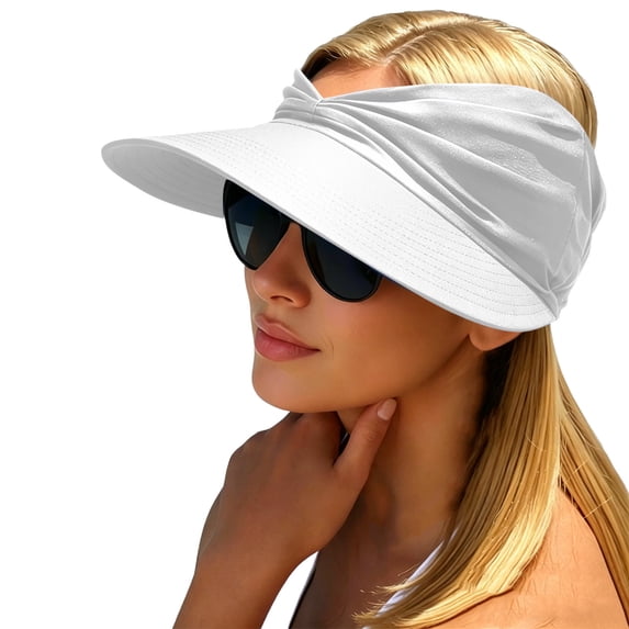 Risckoth Women's Sun Visor Wide Brim Ruched Front Design Lightweight Outdoor Summer Hat, White