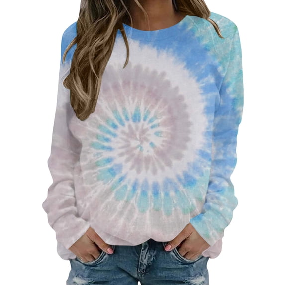 Risckoth Women's Tie Dye Sweatshirt Circular Spiral Print Crewneck Drop Shoulder Hoodless Casual Pullover S-2XL, Sky Blue