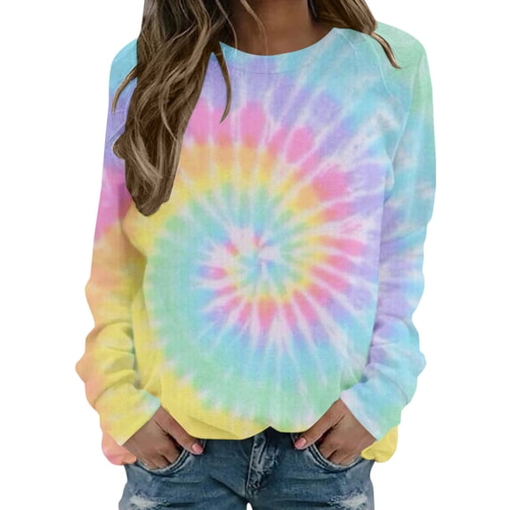 Risckoth Women's Tie Dye Sweatshirt Circular Spiral Print Crewneck Drop Shoulder Hoodless Casual Pullover S-2XL