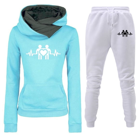 Risckoth Women's Two-Piece Outfit, Couple Figure Heart ECG Print Contrast Lined Cross Cowl Hoodie Drawstring Jogger Tracksuit S-3XL