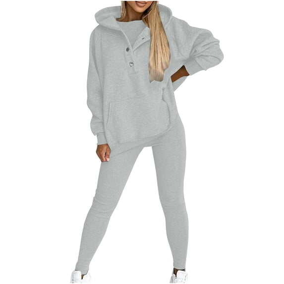 Risckoth Women's Two-Piece Outfit, Henley Button Pullover Hoodie Kangaroo Pocket Stretch High Waist Leggings Tracksuit S-3XL, Gray