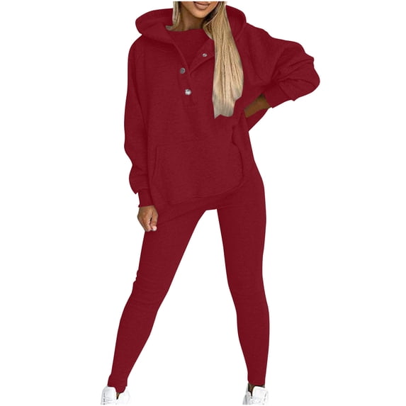 Risckoth Women's Two-Piece Outfit, Henley Button Pullover Hoodie Kangaroo Pocket Stretch High Waist Leggings Tracksuit S-3XL, Red