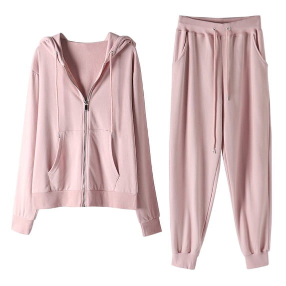 Risckoth Women's Two-Piece Outfit, Lightweight Full Zip Hoodie Side Pockets Drawstring Jogger Tracksuit M-2XL, Pink