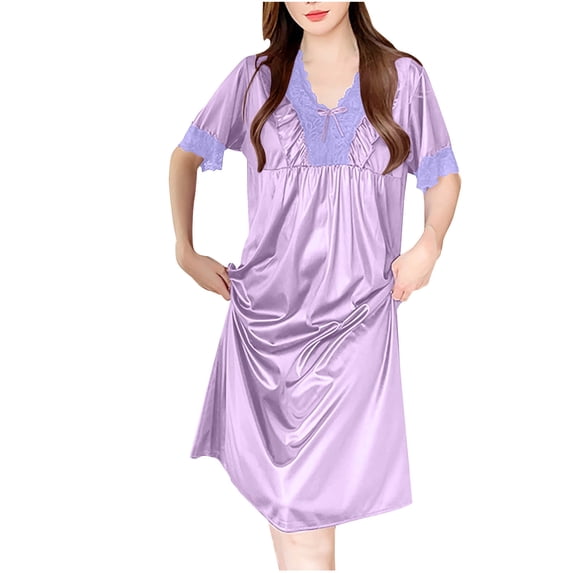 Risckoth Women's V Neck Sleep Dress Lace Trim Bow Detail Gathered Bodice Short Sleeve Silky Ice Silk Nightgown