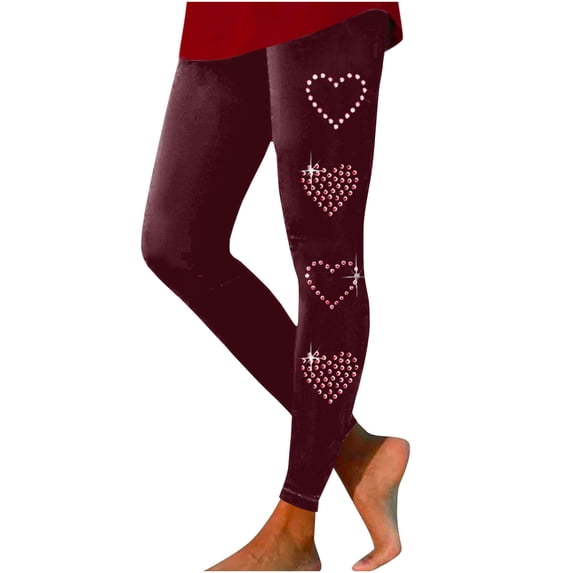 Risckoth Women's Valentine Leggings Heart Rhinestone Detail High Waist Yoga Pants S-3XL