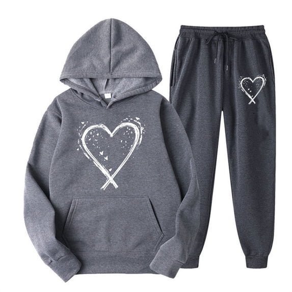 Risckoth Women's Valentine Two-Piece Sweat Outfit, Sparkle Splatter Cross Heart Pullover Hoodie Cuffed Jogger Pants S-2XL, Dark Gray