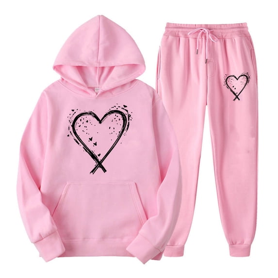 Risckoth Women's Valentine Two-Piece Sweat Outfit, Sparkle Splatter Cross Heart Pullover Hoodie Cuffed Jogger Pants S-2XL, Pink