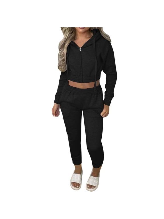 Women's Waffle Knit Two-Piece Outfit, Half Zip Cropped Hoodie High Waist Cuffed Jogger Pants S-2XL, Black