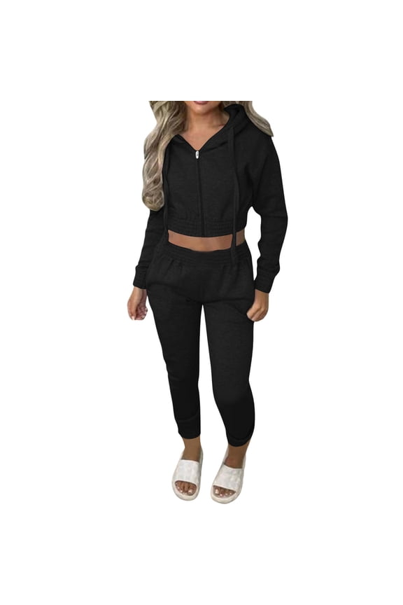 Women's Waffle Knit Two-Piece Outfit, Half Zip Cropped Hoodie High Waist Cuffed Jogger Pants S-2XL, Black