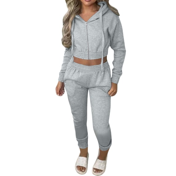 Risckoth Women's Waffle Knit Two-Piece Outfit, Half Zip Cropped Hoodie High Waist Cuffed Jogger Pants S-2XL, Gray
