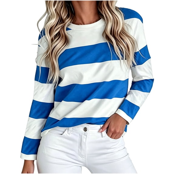 Risckoth Women's Wide Striped Top Crewneck Long Sleeve Relaxed Fit Casual Fall Shirt S-XL