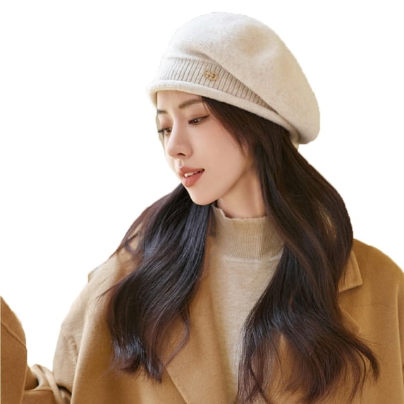 Risckoth Women's Wool Beret Knit Beanie Rolled Edge Metal Letter Detail Winter Warm Hat