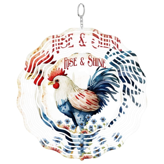 Rise And Shine Rooster 3D Wind Spinner Patriotic Farmhouse Morning Garden Decor
