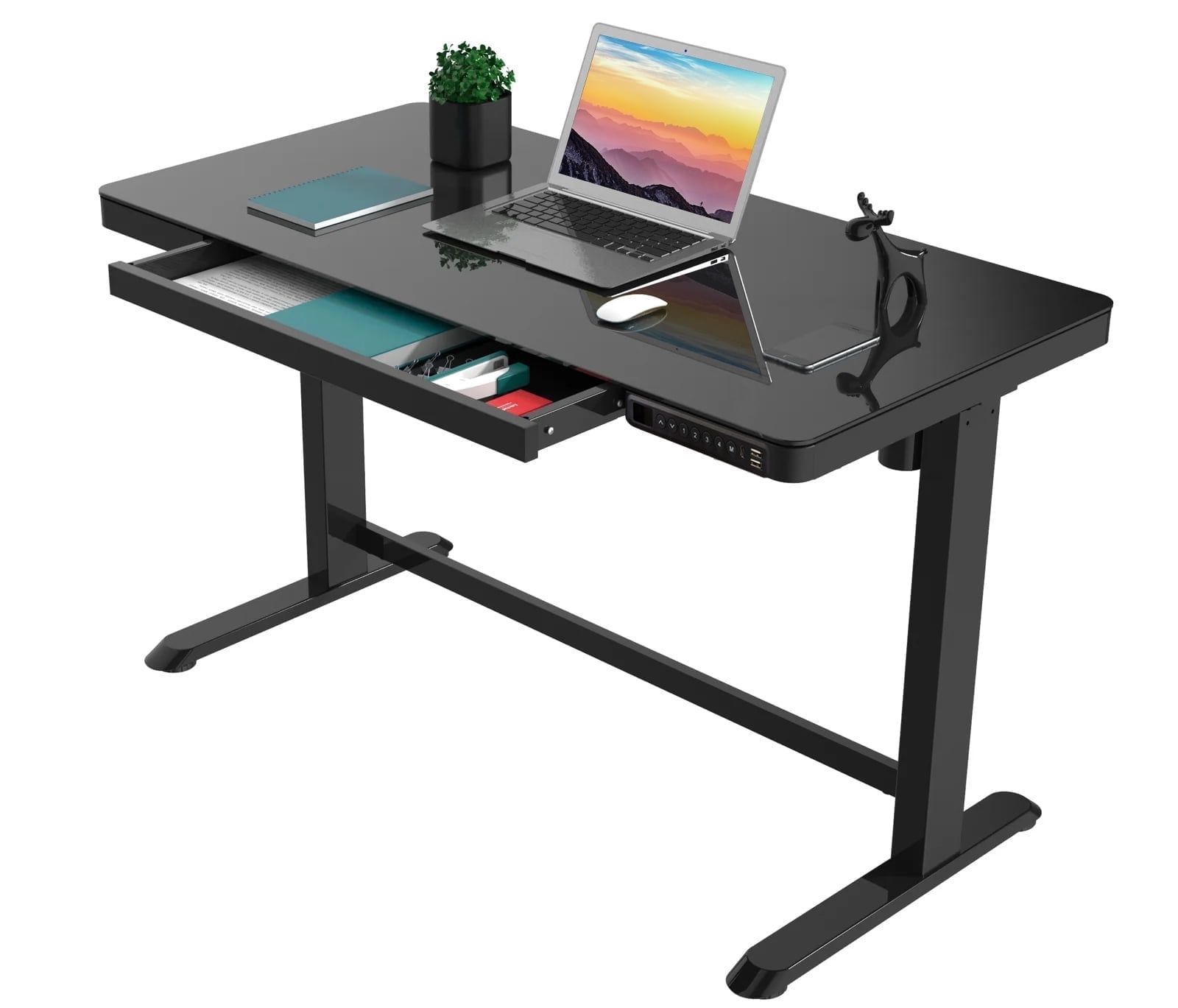 Rise Up Glass Electric Standing Desk | 45" Black Glass Top Adjustable Height Sit Stand Desk with USB-C Charging & Memory Controls
