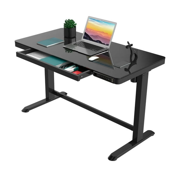 Rise Up Glass Electric Standing Desk | 45" White Glass Top Adjustable Height Sit Stand Desk with USB-C Charging & Memory Controls