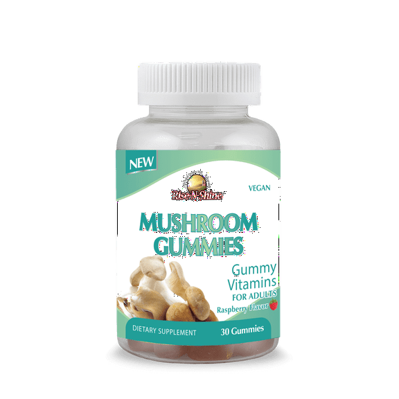 Rise-N-Shine Mushroom Gummies for Adults, Raspberry, Vegan, 30 Count