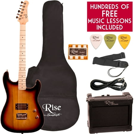 Rise by Sawtooth Right-Handed Sunburst 3/4 Size Beginner's Electric Guitar with Amp, Picks, Cable, Strap, Pitch Pipe, Gig Bag Soft Case & Free Online Lesson