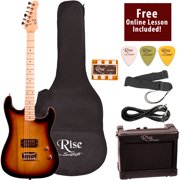 Rise by Sawtooth Right-Handed Sunburst 3/4 Size Beginner's Electric Guitar with Amp, Picks, Cable, Strap, Pitch Pipe, Gig Bag Soft Case & Free Online Lesson