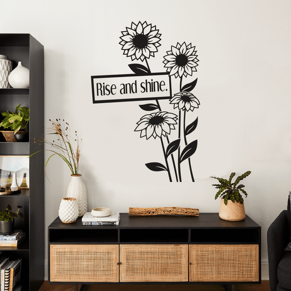 Rise And Shine Quote Flower Garden Flowers Floral Spring Silhouette Vinyl Design Wall Sticker Wall Art Wall Decal Boy Girl Kid Room Bedroom Gardener Home Decor Stickers Decoration Size (10x8 inch)